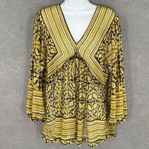 Rose+Olive Tunic Top Women's‎ Large Yellow Black Paisley Sheer Long Sleeve